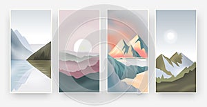 Abstract landscape posters. Modern background with mountains sunset sun and lakes, trendy vintage banners with nature