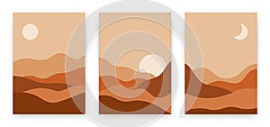 Abstract landscape posters set. Contemporary background, modern boho sun moon mountains minimalist wall decor. Vector