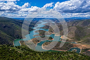 Abstract landscape of Sabor lake, Tras os Montes and Alto Douro, Portugal. Drone vision, aerial view