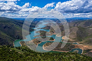 Abstract landscape of Sabor lake, Tras os Montes and Alto Douro, Portugal. Drone vision, aerial view photo