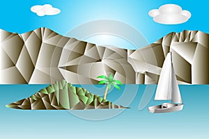 Abstract landscape with sea, rocks, green island with palm tree and white sailing yacht. Miniature in a mosaic style.