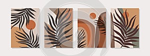 Abstract landscape set with geometric shapes, sun, tropical leaves in mid century modern style