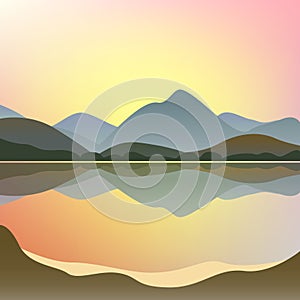 Abstract landscape. Sun, sea, mountains, ocean. Modern art poster for print templates