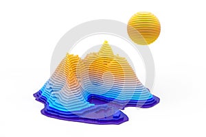 Abstract Landscape Topologic Layers Cut Style Scene with Sun, Mount and Sea. 3d Rendering