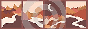 Abstract landscape vector collection. set of beautiful mountain, river posters. scandinavian style vector illustration