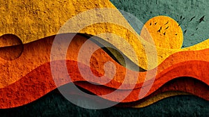 Abstract landscape with waves and birds textured design in warm colors artistic scenery nature inspired graphic art modern photo