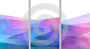 Abstract Landscapes poster collection. contemporary art print templates. Blue, violet, pink watercolor Illustration on white