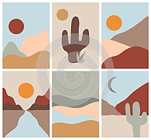 Abstract landscapes set with sun, mountains, waves and plants. Minimalist vector illustration