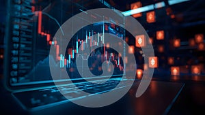 Abstract laptop screen displaying complex cryptocurrency trading chart analysis