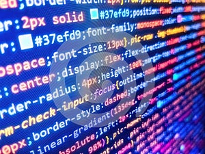 Abstract laptop screen of web developer. Software development. Lines of code of a software with several colors. Data encryption