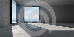 Abstract large, empty, modern concrete room with large corner windows with ocean view and rough floor - industrial interior