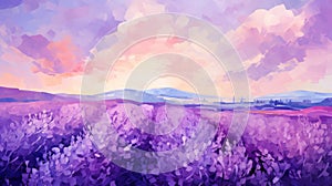 Abstract Lavender Field: Watercolor Art Painting With Sun And Low Poly Style