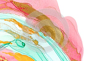 Abstract layers of pink paint on white background. Pink, green, blue and gold watercolor pattern.