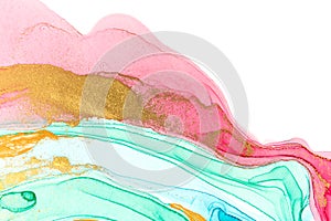 Abstract layers of pink paint on white background. Pink, green, blue and gold watercolor pattern.