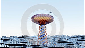 Abstract layout of a modern city with a huge spiral shaped skyscraper with a bright oval roof. Design. Futuristic