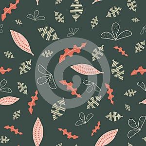 Abstract leaves green white pink orange seamless vector background. Hand drawn leaf nature pattern. Repeating foliage