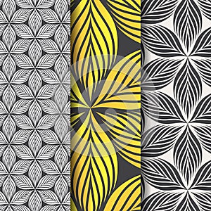 Abstract leaves pattern on hexagon shape, repeating leaves or flower or flora with black and white and gold color.