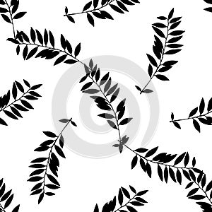Hand drawn black and white leaf silhouettes seamless pattern