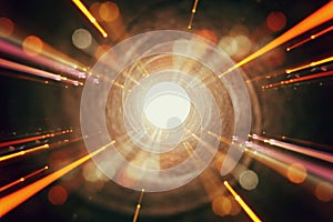 Abstract lens flare. concept image of space or time travel background over dark colors and bright lights