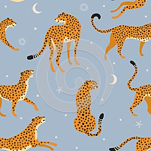 Abstract leopard pattern on Dreamy Celestial background. Vector seamless texture. Trendy Illustration.