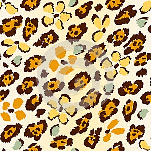 Abstract leopard seamless pattern with black spots and orange flowers on white background.