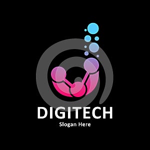 Abstract Letter J with molecule element and dots connection vector design logo.