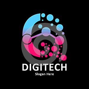 Abstract Letter Q with molecule element and dots connection vector design logo.