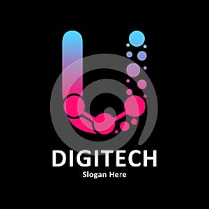 Abstract Letter U with molecule element and dots connection vector design logo.
