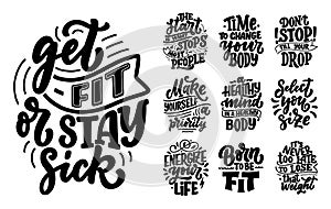 Abstract lettering set about sport and fitness for poster or print design. Healthy lifestyle. Modern calligraphy for business