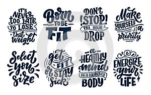 Abstract lettering set about sport and fitness for poster or print design. Healthy lifestyle. Modern calligraphy for business