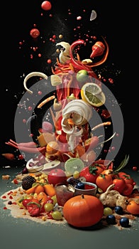 Abstract levitation of non-existent food on black background, yellow, orange colors. Vertical picture of flying fantasy