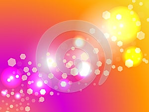 Abstract light background. Bokeh effect. Hexagons on pink and orange gradient. Vector