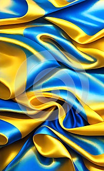 Yellow and blue silk fabric background. Close up of ripples in golden silk fabric. A gold and blue silk texture. photo