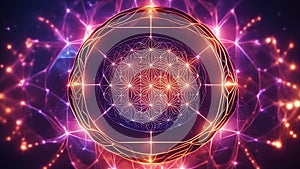 abstract light background Sacred geometry abstract illustration. Flower of life symbol. Metatrons Cube. Neon space glowing