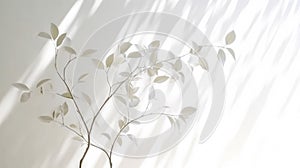 Abstract Light Beige Shadow Background of Leaves on White Sunny Wall