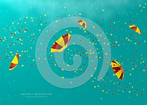 Abstract light blue autumn background with leaves and umbrellas flying in the rain.
