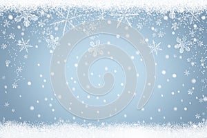 Abstract light blue background Winter snow landscape with falling snowflakes