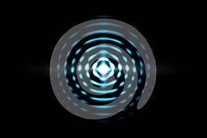 Abstract light blue ball effect with sound waves oscillating on black background