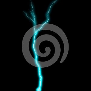 Abstract light blue lighting natural thunder realistic magic overlay bright glowing effect on black