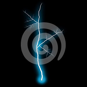 Abstract light blue lighting natural thunder realistic magic overlay bright glowing effect on black