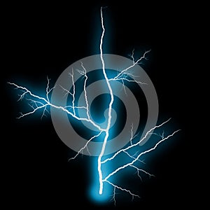 Abstract light blue lighting natural thunder realistic magic overlay bright glowing effect on black