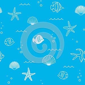 Abstract light blue seamless pattern with seashells and starfish and fish - vector background