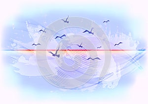 Abstract light blue sky background with birds flying in the clouds. EPS10 vector illustration