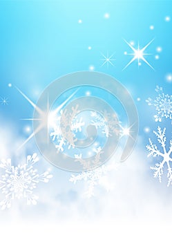 Abstract Freezing and Wintry Cold Blue Background with Snowflakes and Starlets photo