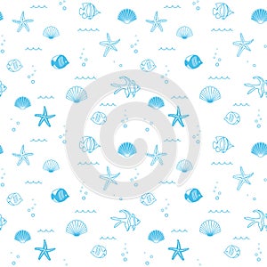 Abstract light blue and white seamless pattern with seashells and fish - vector background