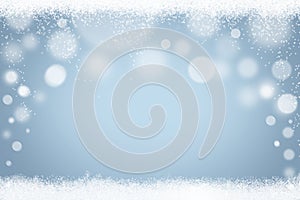 Abstract light blue Winter bokeh snowflakes and snow background
