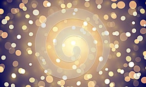 Abstract light confetti with glitter glow effect on golden background. Vector defocused shine or golden and white sparkling lights