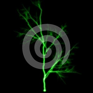 Abstract light green lighting natural thunder realistic magic overlay bright glowing effect on black