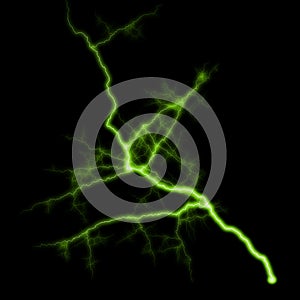 Abstract light green lighting natural thunder realistic magic overlay bright glowing effect on black
