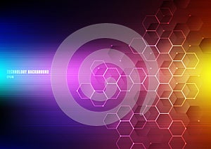 Abstract light hexagons with nodes digital geometric and lines and dots on vibrant color background with horizontal light.